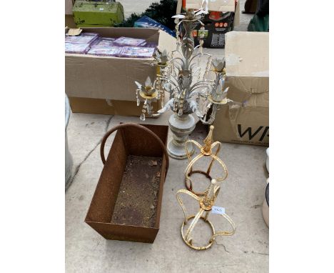 THREE ITEMS TO INCLUDE A PAIR OF WROUGHT IRON CROWN SHAPED POST TOPPERS (HEIGHT 35CM) AND A STEEL PLANTER 