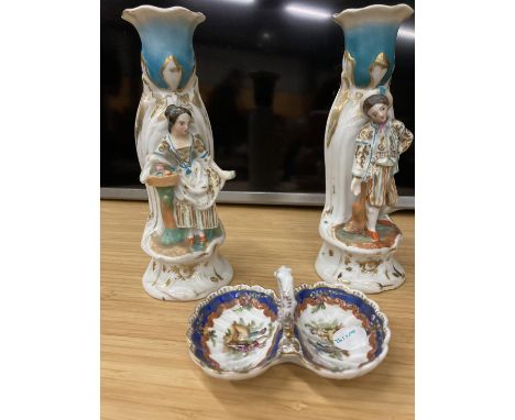 A PAIR OF VINTAGE CONTINENTAL CANDLESTICK HODERS AND A DRESDEN PIN TRAY WITH CROSSED SWORD MARK TO BASE 