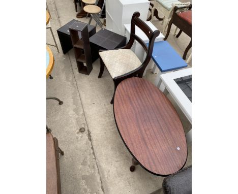 TWO FAUX LEATHER LAMP TABLES AND STORAGE RACK, REGENCY STYLE DINING CHAIR AND OVAL COFFEE TABLE ON CABRIOLE LEGS 