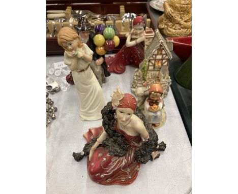 A QUANTITY OF FIGURINES TO INCLUDE LEONARDO 'BALLOON MAN, SHUDEHILL 1920'S STYLE LADIES, HUMMEL FIGURE - A/F, MEMORY LANE COT