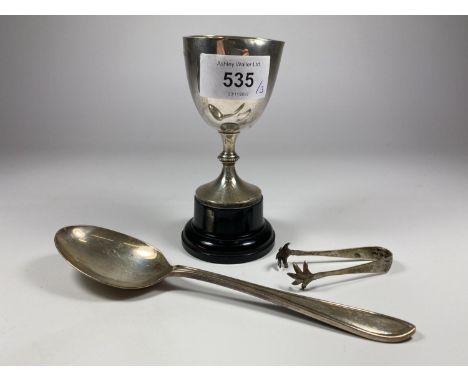 THREE HALLMARKED SILVER ITEMS - SMALL TROPHY ON BASE, TABLE SPOON AND SUGAR TONGS 