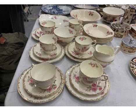 A QUANTITY OF SALISBURY CHINA TEAWARE WITH A ROSE PATTERN TO INCLUDE CUPS, SAUCERS, SIDE PLATES, SERVING BOWL, BOWLS, CAKE PL