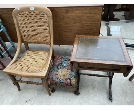 AN EDWARDIAN BEECH NURSING CHAIR WITH SPLIT CANE SEAT AND BACK, SMALL CABRIOLE LEG STOOL AND MINIATURE 'REPRODUX' SOFA TABLE 