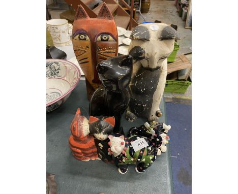 A COLLECTION OF CERAMIC AND WOODEN CATS TO INCLUDE TWO QUIRKY LACOMBE WILLITTS DESIGN 