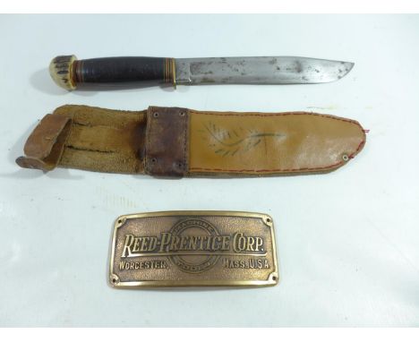 A HUNTING KNIFE AND SCABBARD, 19CM BLADE, REED PRENTICE CORP PLAQUE (2) 