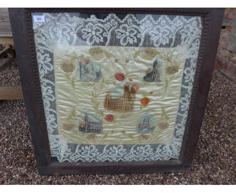 A WORLD WAR I FRAMED HAND PAINTED SILK DEPICTING FIVE CATHEDRALS/CHURCHES ON FIRE FROM GERMAN SHELLING, TO INCLUDE YPRES, REI