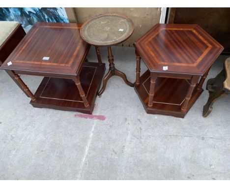 TWO MODERN LAMP TABLES AND TRIPOD WINE TABLE 