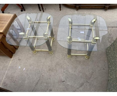 A PAIR OF MODERN GLASS TOPPED LAMP TABLES, 21" SQUARE, ON GOLD COLOURED METALWARE BASES 