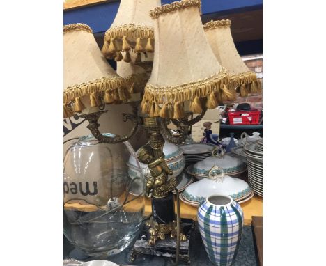 A VINTAGE BRASS AND MARBLE TABLE LAMP WITH CHERUB DETAIL AND ROCCOCO STYLE BRANCHES LEADING TO FIVE LAMP SHADES HEIGHT APPROX