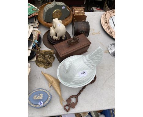 AN ASSORTMENT OF ITEMS TO INCLUDE A BRASS DEER, A TRINKET DISH AND A BAROMETER ETC 