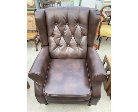 A MODERN FAUX LEATHER BUTTON BACK RECLINER CHAIR BEARING LABE MORE4HOMES, ON TURNED FRONT LEGS 