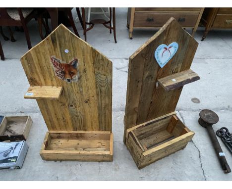 TWO WOODEN PLANTER TROUGHS WITH BACKBOARD AND SHELF 