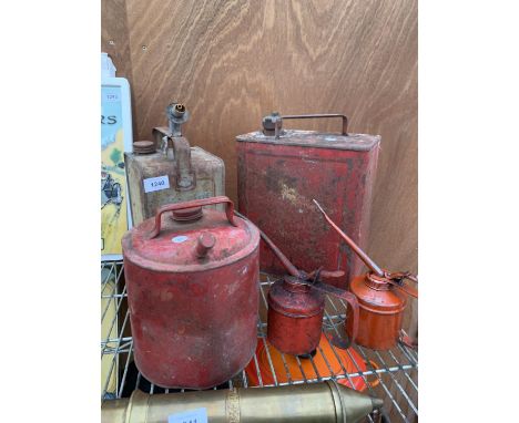 A VINTAGE FUEL CAN WITH BRASS CAP, AN ESSO BLUE PARAFIN CAN, AN OIL CAN AND TWO PUMP ACTION OIL CANS 