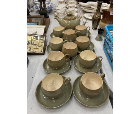 A DENBY TEASET TO INCLUDE A TEAPOT, CREAM JUG, SUGAR BOWL AND CUPS AND SAUCERS 