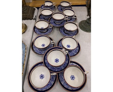 A SET OF TWELVE 19TH CENTURY ROYAL WORCESTER BLUE AND WHITE CUPS AND SAUCERS, MARKED TO BASE, ONE A/F 