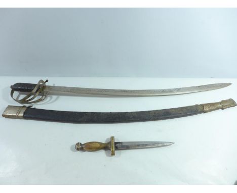 A FAIRBAIRN SYKES TYPE FIGHTING KNIFE WITH SOLID BRASS GRIP, 17.5CM BLADE, INDIAN SWORD AND SCABBARD, 75CM BLADE (2) 