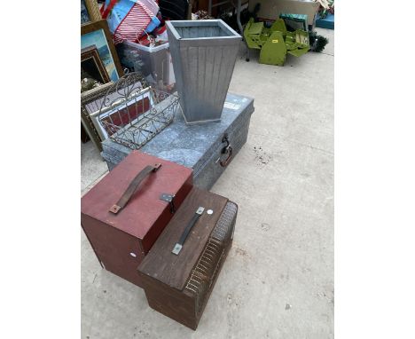 A COLLECTION OF ITEMS TO INCLUDE A TIN TRUNK, A METAL PLANTER AND A BUDGIE CAGE ETC 