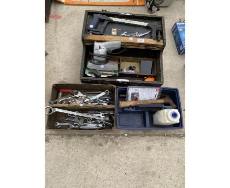 THREE BOXES OF ASSORTED HAND TOOLS TO INCLUDE A JOINERS CHEST, SPANNERS ETC 