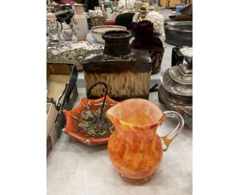 A RETANGULAR WEST GERMAN VASE, CERAMIC UMBRELLA BOWL AND A MURANO STYLE ORANGE GLASS JUG 