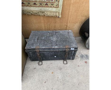 A VINTAGE METAL TRAVEL TRUNK  BEARING THE LABEL 'CITADEL WORKSHOPS EGYPTIAN ARMY' 