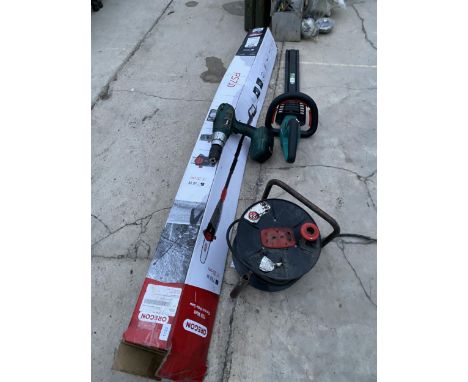 AN OREGON LONG REACH CHAINSAW, AN ELECTRIC BOSCH HEDGE TRIMMER, A MAKITA DRILL AND AN EXTENSION LEAD 