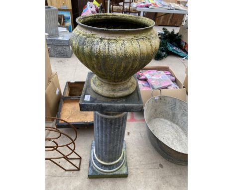 A HAND PAINTED CLAY JARDINERE STAND AND PLANTER (HEIGHT 95CM) 