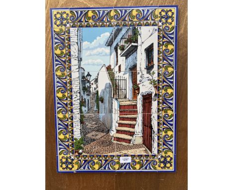 A VINTAGE CERAMIC TILED STREET SCENE WALL PLAQUE 