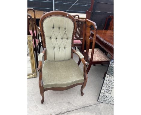 A VICTORIAN STYLE BEECH OPEN ARMCHAIR WITH BUTTON-BACK 