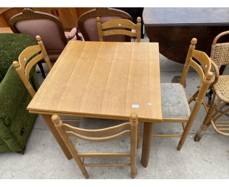 A LIGHT OAK DRAW-LEAF DINING TABLE, 31" SQUARE (LEAVES 12" EACH) AND FOUR 'MALMO' DINING CHAIRS 