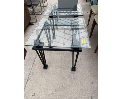 A PAIR OF MODERN LAMP TABLES, 24" SQUARE WITH GLASS TOPS AND METALWARE BASES 