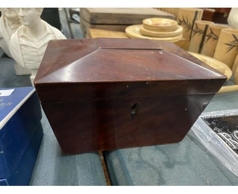 A 19TH CENTURY MAHOGANY VENEERED TEA CADDY, SOME DAMAGE TO VENEER ON THE SIDE 