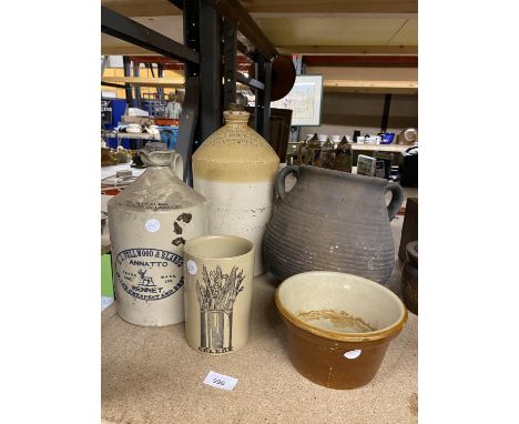 A QUANTITY OF STONEWARE ITEMS TO INCLUDE A THOMAS SOUTHAM AND SONS FLAGON, R J FULLWOOD AND BLANDS' RENNET STONE FLAGON, VINT