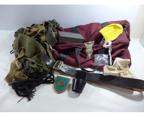 A MOUNTED ROYAL FLYING CORP BADGE, ASSORTED WEBBING, LONGCASE CLOCK EAGLE, BOX ETC 