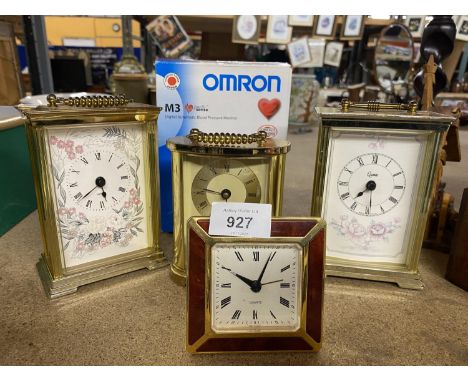 A QUANTITY OF CLOCKS TO INCLUDE THREE CARRIAGE CLOCKS, A BEDSIDE CLOCK AND AN OMRON DIGITAL BLOOD PRESSURE MONITOR 