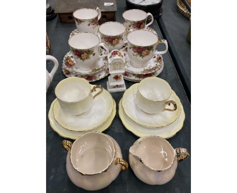 TWO ROYAL ALBERT 'RAINBOW' TRIOS, 'OLD COUNTRY ROSES'  CUPS, SAUCERS AND PLATES PLUS ELLGREAVES LUSTRE SUGAR BOWL AND CREAM J
