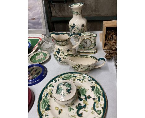 SIX PIECES OF MASON'S 'GREEN CHARTREUSE' TO INCLUDE JUGS, A VASE, PLATE, TRINKET BOX AND A MANTLE CLOCK 