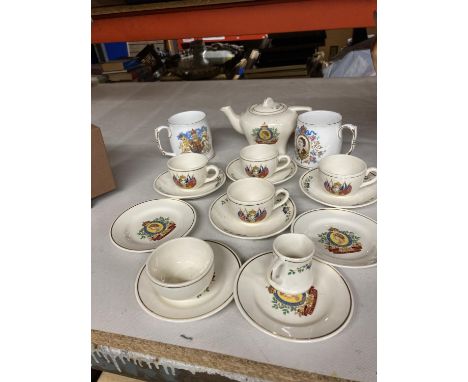 A QUANTITY OF COMMEMORATIVE CUPS, MUGS, SAUCERS AND A TEAPOT 