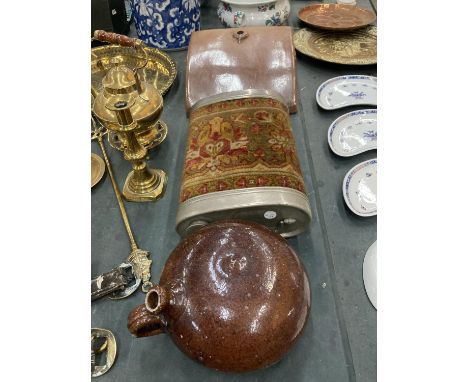 TWO VINTAGE CAR FOOT WARMERS, ONE CERAMIC, THE OTHER CARPETED PLUS A STONE HOT WATER BOTTLE 