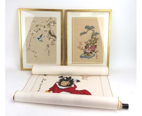 A modern Chinese silk scroll painted with the 'Invincible Guardian Zhong Kui', signed, image 97 x 48.5 cm, together with two 