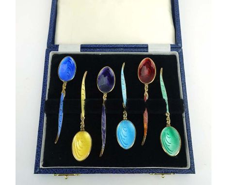 A cased set of six silver gilt and coloured enamelled spoons of rococo design, maker T&S, Birmingham 1970/71 CONDITION REPORT