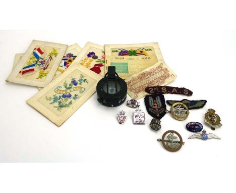 A group of collectable's including First World War sweetheart's cards, a 1944 TG.Co. Ltd. Mark III military compass, an RAF s