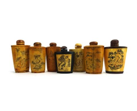 A collection of fourteen mid 20th century bone and other snuff bottles, each decorated with an erotic scene, together with a 
