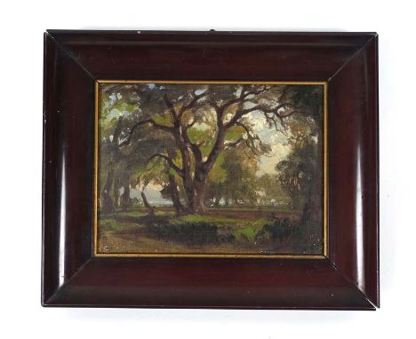R.. F.. (20th century),A woodland view,indistinctly signed with initials,oil on artists board,11 x 14.5 cm   CONDITION REPORT