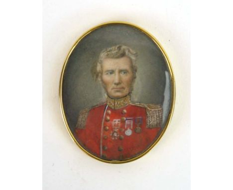 A 19th century miniature watercolour on card head and shoulders portrait of a military officer in a red jacket, 5.5 x 4 cm ov