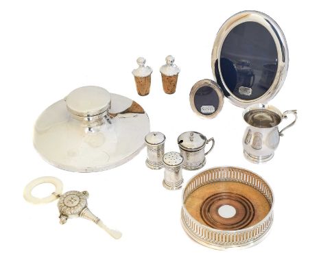 A selection of silver, A selection of silver, to include an inkwell, two frames, a cruet set, a wine coaster, a mug, a rattle