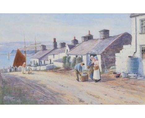 Warren Williams A.R.C.A. (British 1863-1941) Welsh coastal village with figures Signed, watercolour.37cm x 58.5cm (14.5in x 2