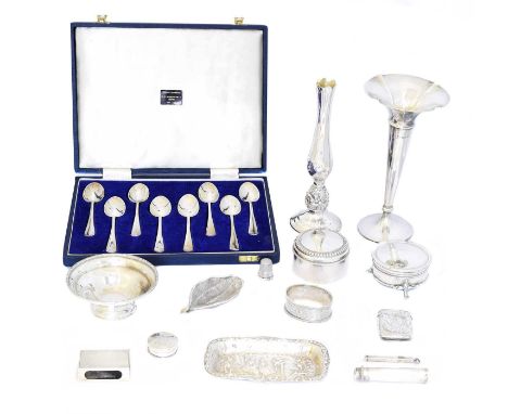 A selection of silver, A selection of silver, to include a cased set of teaspoons, two vases, napkin rings, trinket dish, ves