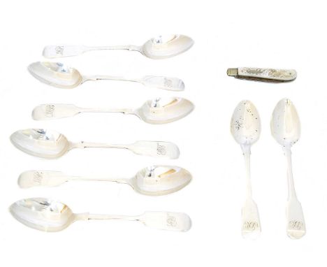 A selection of silver, A selection of silver, to include eight fiddle pattern teaspoons and a mother of pearl fruit knife, gr