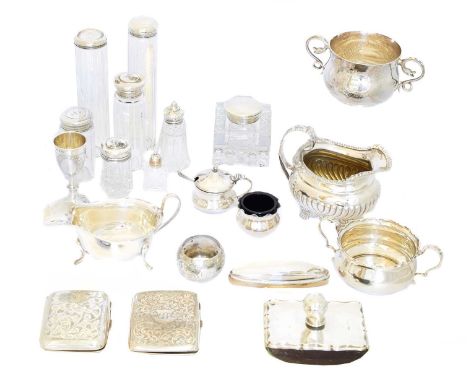 A selection of silver,  A selection of silver, to include silver lidded jars, milk jug, inkwell, cigarette cases, porringer, 