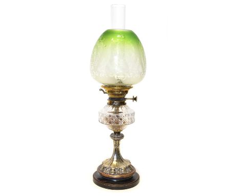 Victorian oil lamp Victorian oil lamp EPNS stepped column base on turned wooden plinth, cut glass reservoir, No. 2 Hinks leve